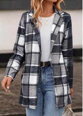 Dark Grey outerwear & coats,Plaid outerwear & coats,Pocket Plaid Dark Grey Lapel Long Sleeve Coat