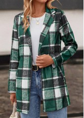 Green outerwear & coats,Plaid outerwear & coats,Pocket Plaid Green Lapel Long Sleeve Coat