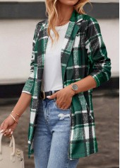 Green outerwear & coats,Plaid outerwear & coats,Pocket Plaid Green Lapel Long Sleeve Coat