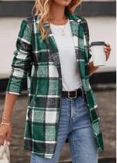 Green outerwear & coats,Plaid outerwear & coats,Pocket Plaid Green Lapel Long Sleeve Coat