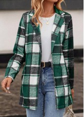 Green outerwear & coats,Plaid outerwear & coats,Pocket Plaid Green Lapel Long Sleeve Coat