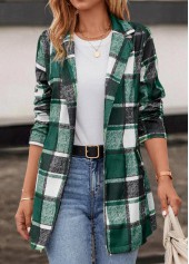 Pocket Plaid Green Lapel Long Sleeve Coat