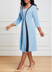 Light Blue dresses,Contrast Color dresses,ROTITA Light Blue Square Neck Pleated Dress