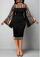 Black dresses,Tribal dresses,Striped dresses,Party dresses,Elegant dresses,ROTITA Tummy Coverage African Tribal Print Black Bodycon Dress