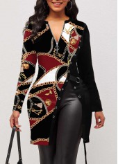 Black tops,Tribal tops,ROTITA Split Chain Print Black Long Sleeve T Shirt