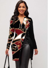 Black tops,Tribal tops,ROTITA Split Chain Print Black Long Sleeve T Shirt