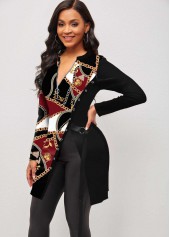 Black tops,Tribal tops,ROTITA Split Chain Print Black Long Sleeve T Shirt