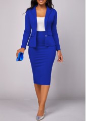 Royal Blue dresses,Plain Color dresses,ROTITA Lapel Royal Blue Long Sleeve Two Piece Suit