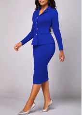 Royal Blue dresses,Plain Color dresses,ROTITA Lapel Royal Blue Long Sleeve Two Piece Suit