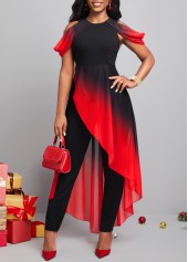 Red plus size,Black plus size,Ombre plus size,ROTITA Plus Size Asymmetry Red Ombre Round Neck Jumpsuit