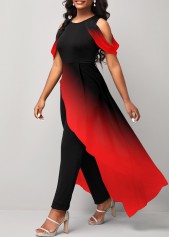 Red plus size,Black plus size,Ombre plus size,ROTITA Plus Size Asymmetry Red Ombre Round Neck Jumpsuit