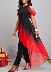 Red plus size,Black plus size,Ombre plus size,ROTITA Plus Size Asymmetry Red Ombre Round Neck Jumpsuit