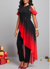 Red plus size,Black plus size,Ombre plus size,ROTITA Plus Size Asymmetry Red Ombre Round Neck Jumpsuit