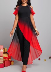 Red plus size,Black plus size,Ombre plus size,ROTITA Plus Size Asymmetry Red Ombre Round Neck Jumpsuit