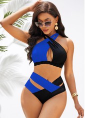 Blue swimwear,Black swimwear,Contrast Color swimwear,ROTITA Blue Cross Strap Mid Waisted Bikini Bottom