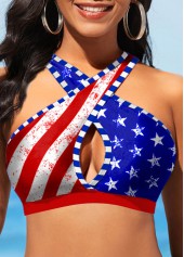 Red swimwear,Blue swimwear,Flag swimwear,Striped swimwear,ROTITA Cut Out Red Flag Print Bikini Top
