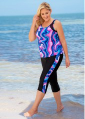 Multi Color plus size,Striped plus size,ROTITA Plus Size Mesh Wave Pattern Print Tankini Top