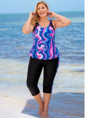 Multi Color plus size,Striped plus size,ROTITA Plus Size Mesh Wave Pattern Print Tankini Top