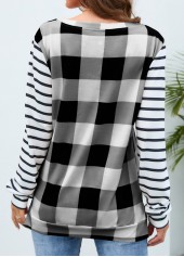 White tops,Plaid tops,Striped tops,Geometric tops,Plaid White Round Neck Long Sleeve T Shirt