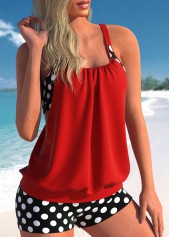 Red swimwear,Dot swimwear,Geometric swimwear,ROTITA Fake 2in1 Red Polka Dot Tankini Top