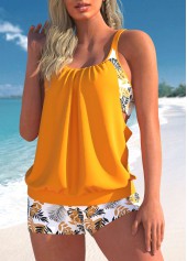 Orange swimwear,Plants swimwear,ROTITA Fake 2in1 Orange Leaf Print Tankini Top