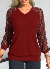 ROTITA Patchwork Plaid Deep Red V Neck Sweatshirt