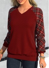 Deep Red tops,Plaid tops,Striped tops,ROTITA Patchwork Plaid Deep Red V Neck Sweatshirt