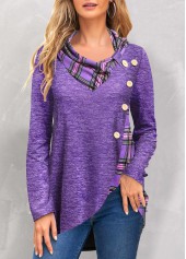 Purple tops,Plaid tops,ROTITA Patchwork Plaid Purple Cowl Neck Long Sleeve Sweatshirt