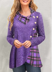 ROTITA Patchwork Plaid Purple Cowl Neck Long Sleeve Sweatshirt