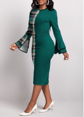 Green dresses,Plaid dresses,Geometric dresses,ROTITA Patchwork Plaid Green Round Neck Bodycon Dress
