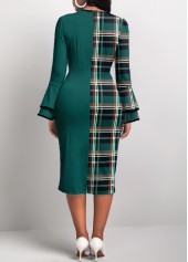 Green dresses,Plaid dresses,Geometric dresses,ROTITA Patchwork Plaid Green Round Neck Bodycon Dress