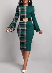 ROTITA Patchwork Plaid Green Round Neck Bodycon Dress