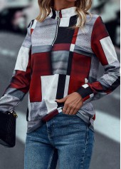 Deep Red tops,Geometric tops,Striped tops,Zipper Geometric Print Deep Red High Neck Sweatshirt