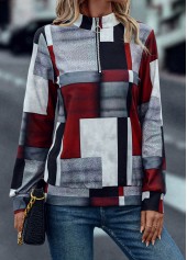 Zipper Geometric Print Deep Red High Neck Sweatshirt