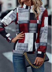 Deep Red tops,Geometric tops,Striped tops,Zipper Geometric Print Deep Red High Neck Sweatshirt
