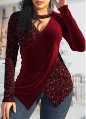 ROTITA Sequin Wine Red V Neck T Shirt