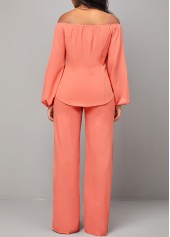 Coral jumpsuits & rompers,Plain Color jumpsuits & rompers,Button Coral Red Off Shoulder Top and Pants