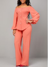 Coral jumpsuits & rompers,Plain Color jumpsuits & rompers,Button Coral Red Off Shoulder Top and Pants