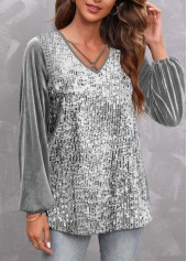 Silver tops,Plain Color tops,ROTITA Sequin Silver V Neck Long Sleeve T Shirt