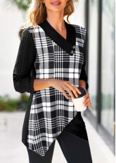 Black tops,Plaid tops,Striped tops,ROTITA Surplice Plaid Black V Neck Long Sleeve Sweatshirt