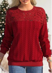 ROTITA Lace Red Round Neck Long Sleeve Sweatshirt