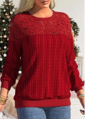 Red tops,Plain Color tops,ROTITA Lace Red Round Neck Long Sleeve Sweatshirt