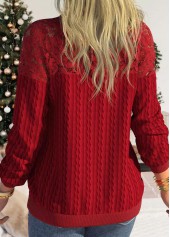 Red tops,Plain Color tops,ROTITA Lace Red Round Neck Long Sleeve Sweatshirt