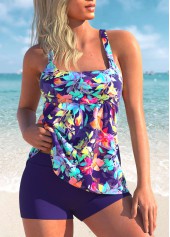 Purple Wide Strap Leaf Print Tankini Set