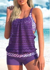 Purple swimwear,Leopard swimwear,ROTITA Lace Purple Leopard Faux Two Piece Tankini Top