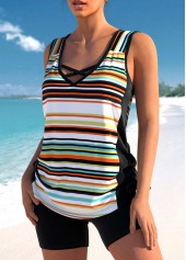 Multi Color swimwear,Striped swimwear,Geometric swimwear,ROTITA Criss Cross Multi Color Striped Tankini Top