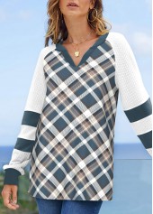 Multi Color tops,Plaid tops,Striped tops,ROTITA Patchwork Plaid Multi Color Split Neck Sweatshirt