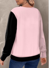 Pink tops,Contrast Color tops,ROTITA Patchwork Pink Round Neck Long Sleeve Sweatshirt