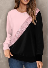 Pink tops,Contrast Color tops,ROTITA Patchwork Pink Round Neck Long Sleeve Sweatshirt
