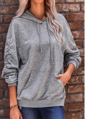 Dark Grey tops,Plain Color tops,Pocket Dark Grey Long Sleeve Hoodie